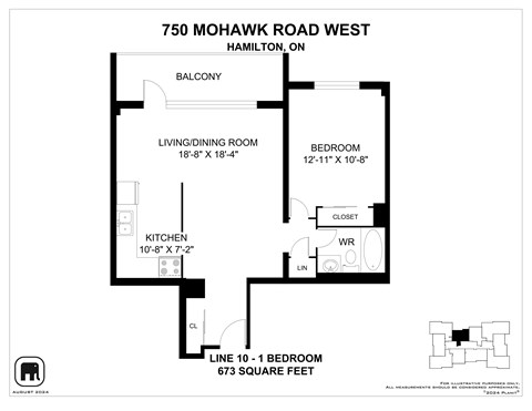 A floor plan for a home at 750 Mohawk Road West in Hamilton, ON, showing a living/dining room, kitchen, and two bedrooms.